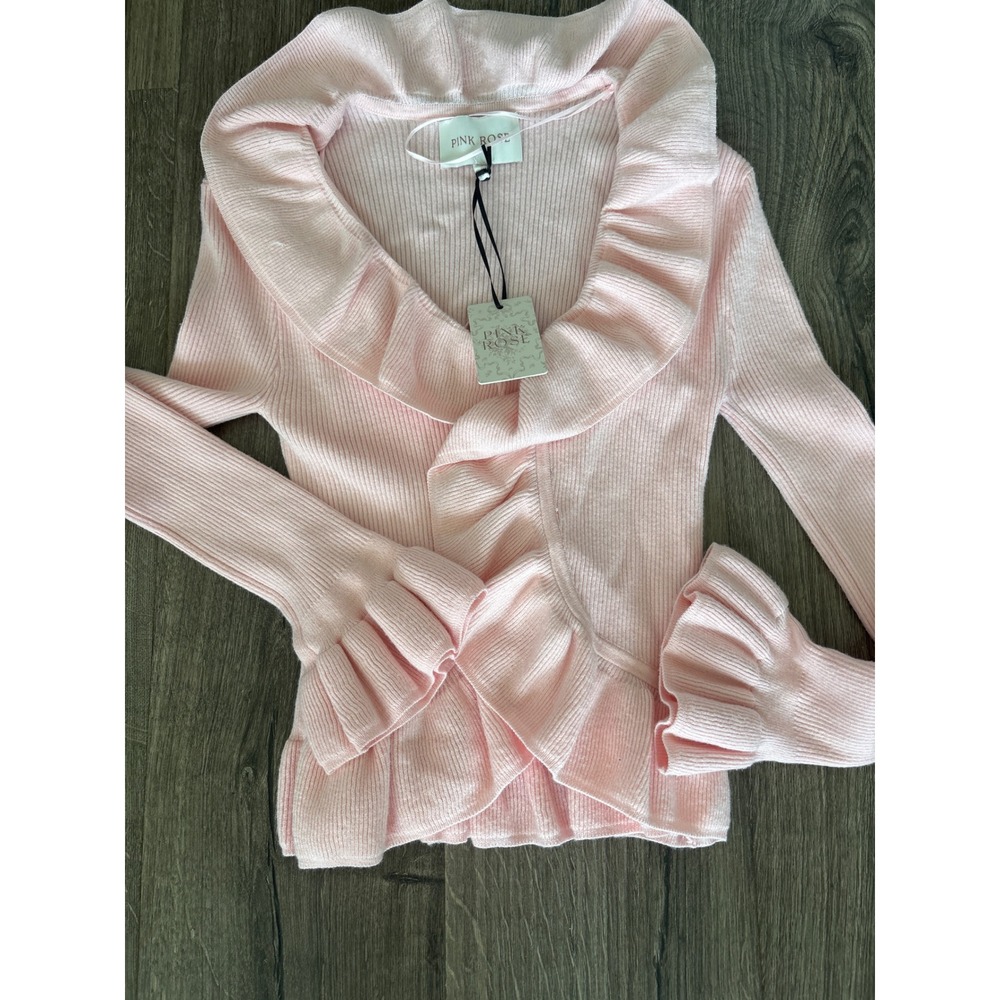 Pink Rose Ruffle Wrap Cardigan Ribbed Knit Pastel Pink Long Sleeve Small NWT